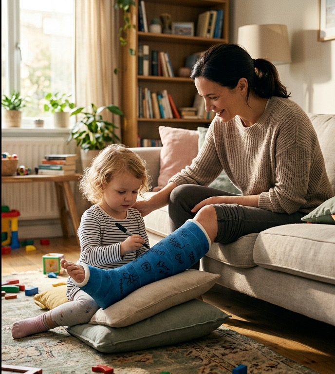 Mother caring for child with cast at home